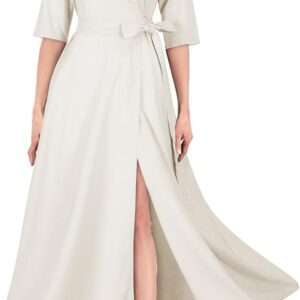 Mingyuezai Women's Linen Wrap Dress V-Neck Lace Up Half Sleeve Maxi Dress