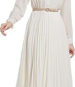 Business Casual Shirt Dress for Women Long Sleeves Pleated Midi Dresses with Belt